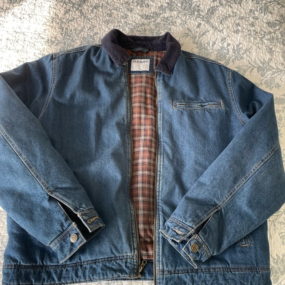 Old Navy Blue Jean Jacket with Plaid Lining